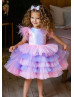 Sequin Pink Violet Layered Tulle Flower Girl Dress With Feather